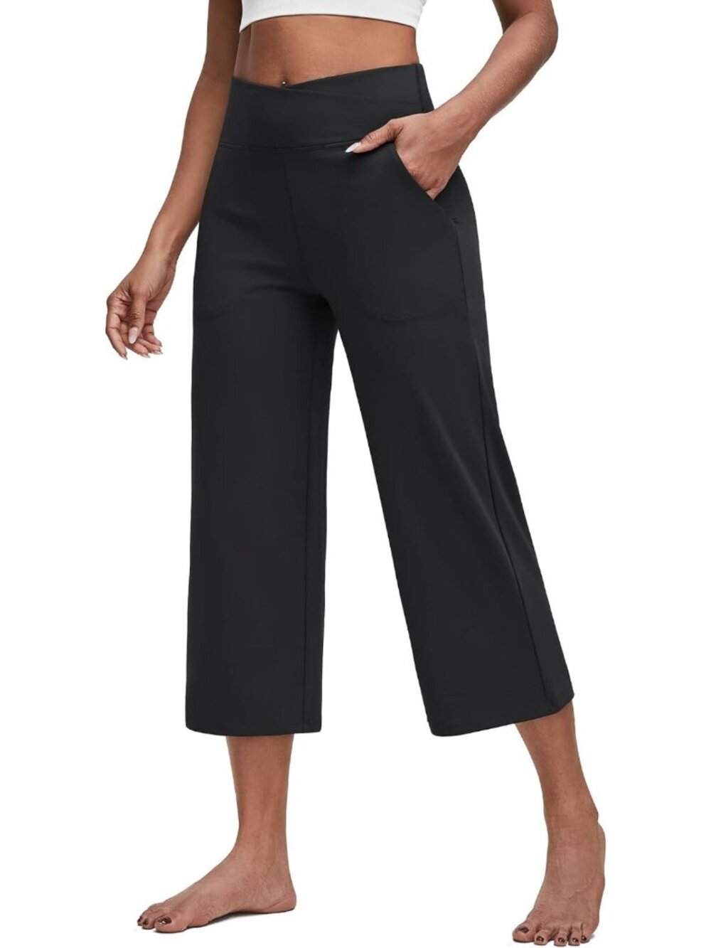 Comfortable Wide Leg Capri Pants for Women | Cross Waist, Pockets, Yoga Style